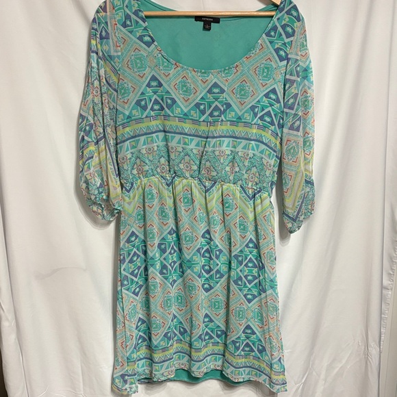 Espresso Tops - Espresso Teal and Coral Geometric Knee Length Y2K Women’s Dress